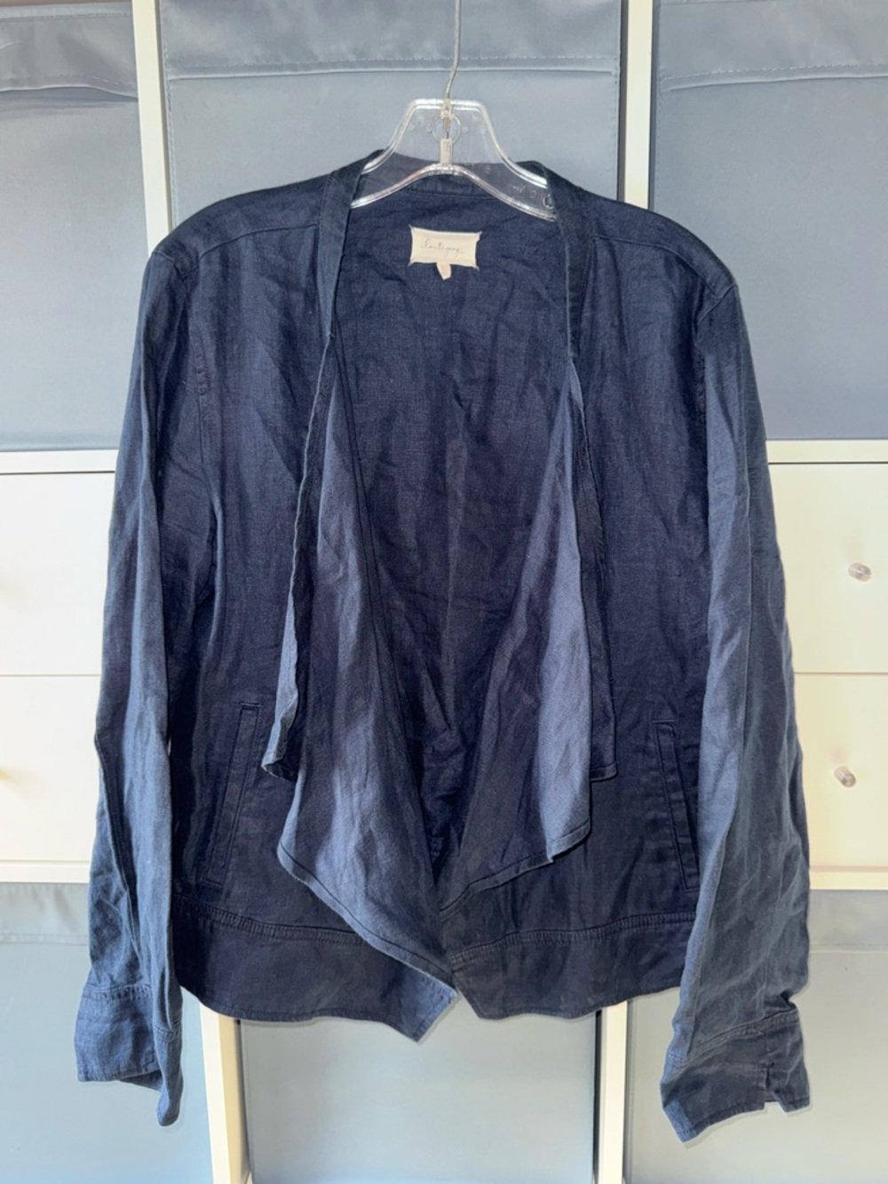 Lou & Grey Navy Draped Open-Front Linen Jacket size L